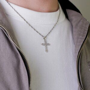 y2k silver diamond cross pendant necklace